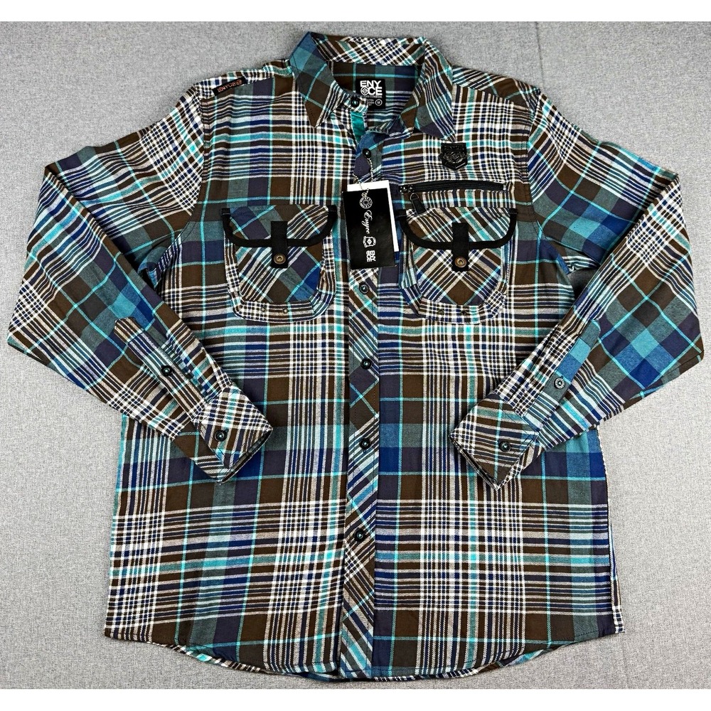 Enyce Mens M Plaid Shirt NWT Sean Combs Cargo Pocket Zip Streetwear Y2K
